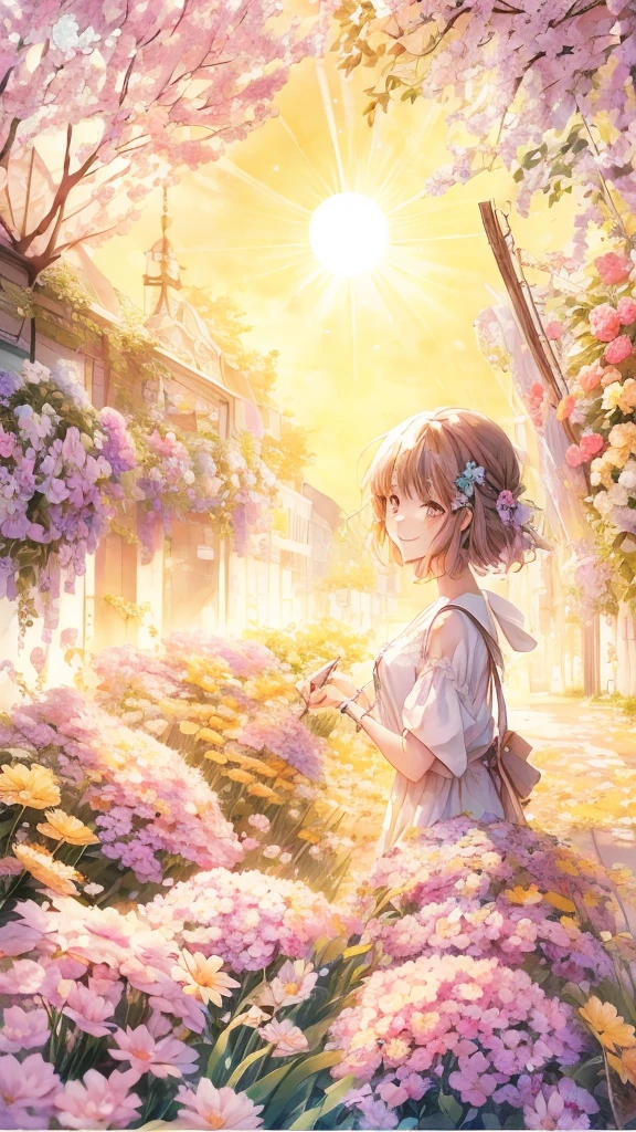 Anime smiling girl looking at the sun in the city with flowers, official artwork, beautiful anime artwork, beautiful anime, Beautiful peace scene in anime, beautiful anime scene, anime background art, on a sunny day, Beautiful artwork illustration, beautiful anime art, official anime artwork, official art, beautiful anime scenery, summer morning light, Google on pixiv artstation