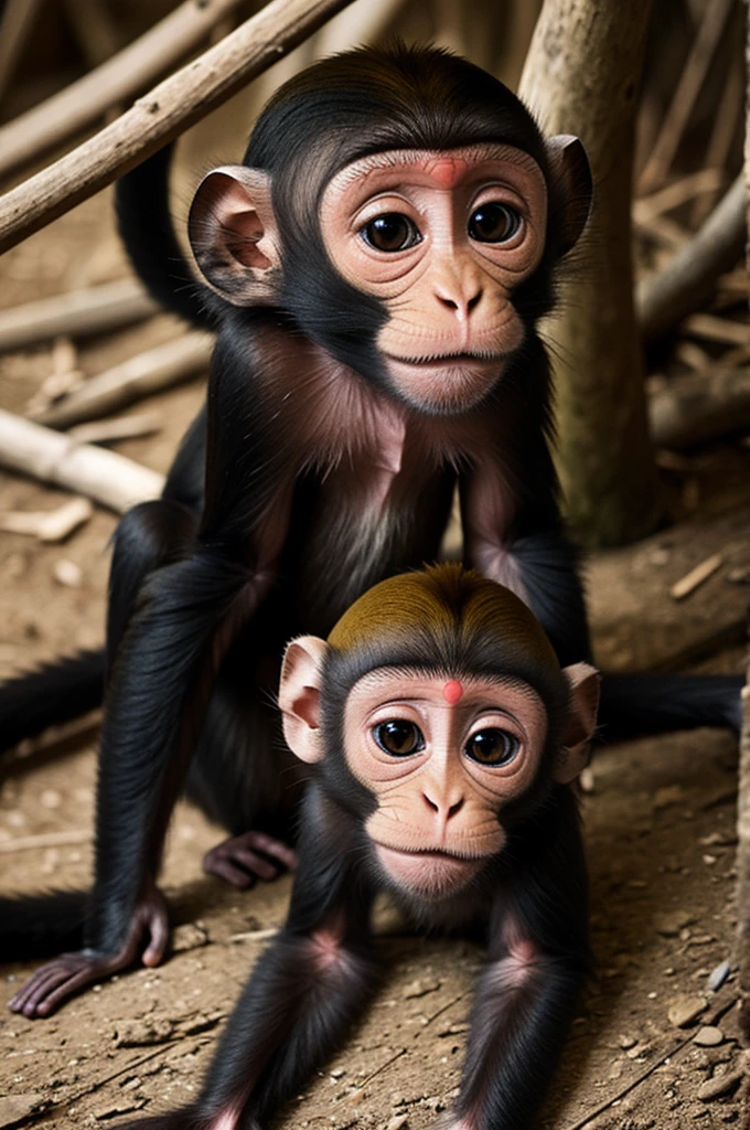 A young girl sits and chats with a monkey having fun on Bali Island.