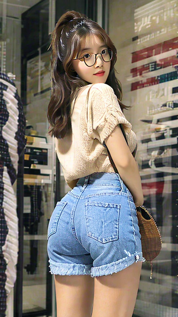 Cute tan Chinese girl wearing glasses, tight jean shorts , butt