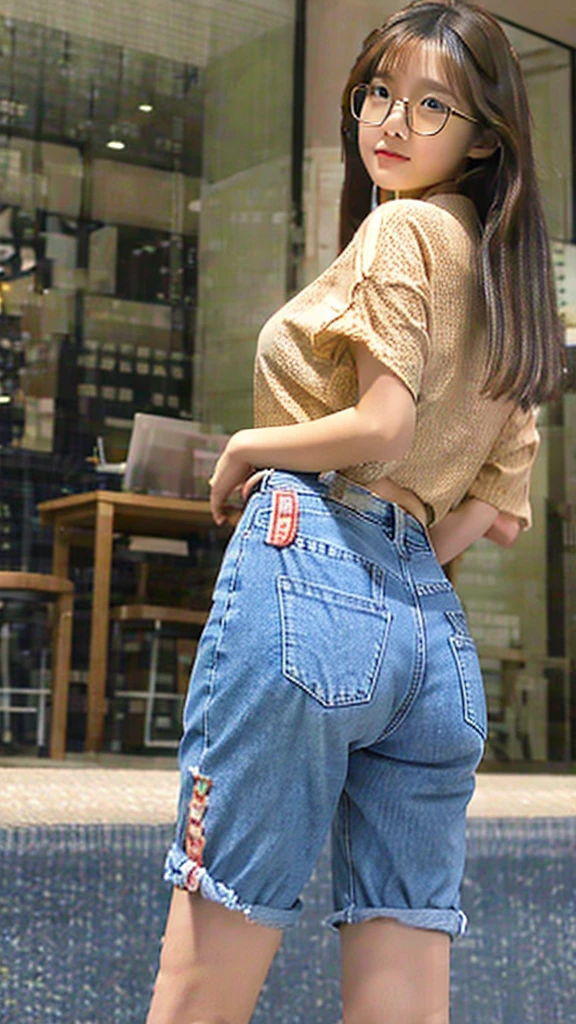 Cute tan Chinese girl wearing glasses, tight jean shorts , butt