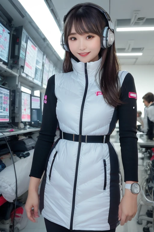 masterpiece, Highest quality, Very detailed, 8K Portrait,Japanese Android Girl,plump , Control panel,Robotic arms and legs, Blunt bangs,,break (Metallic Gray, Metallic luster, Mirror finish, Astro Best):5,headphone:5,break (Black sleeves):100,Smart Watches,Futuristic space station,Control Room,break headphone,blue eyes,(Black Hair):2,(Long Hair):1.3,Displaying the viewer,(respirator),break blush:3,Hidden Hand,smile