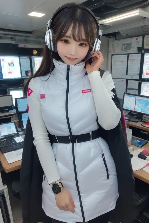 masterpiece, Highest quality, Very detailed, 8K Portrait,Japanese Android Girl,plump , Control panel,Robotic arms and legs, Blunt bangs,,break (Metallic Gray, Metallic luster, Mirror finish, Astro Best):5,headphone:5,break (Black sleeves):100,Smart Watches,Futuristic space station,Control Room,break headphone,blue eyes,(Black Hair):2,(Long Hair):1.3,Displaying the viewer,(respirator),break blush:3,Hidden Hand,smile