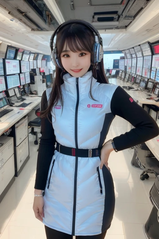 masterpiece, Highest quality, Very detailed, 8K Portrait,Japanese Android Girl,plump , Control panel,Robotic arms and legs, Blunt bangs,,break (Metallic Gray, Metallic luster, Mirror finish, Astro Best):5,headphone:5,break (Black sleeves):100,Smart Watches,Futuristic space station,Control Room,break headphone,blue eyes,(Black Hair):2,(Long Hair):1.3,Displaying the viewer,(respirator),break blush:3,Hidden Hand,smile