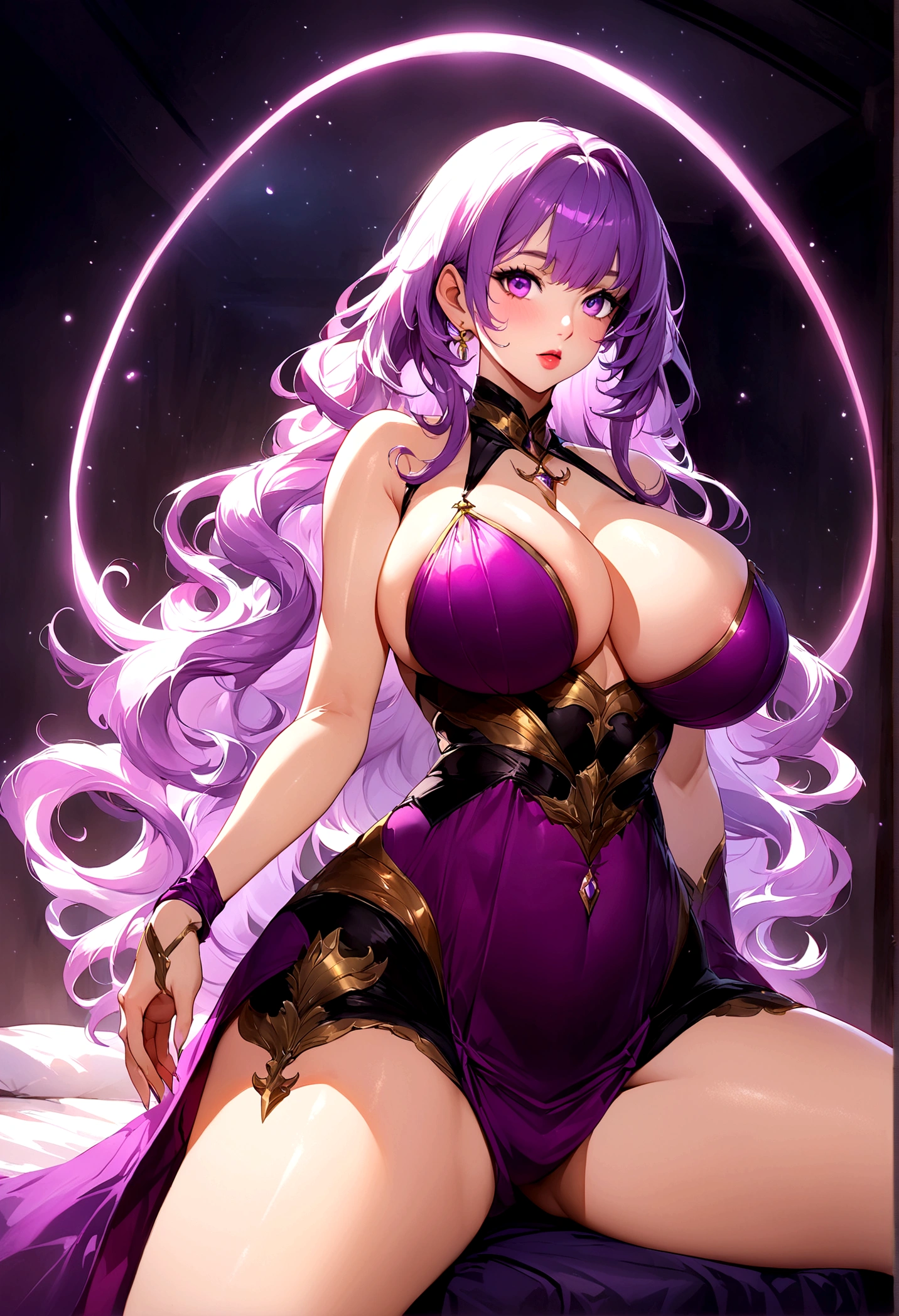 Create a digital artwork of a voluptuous female character with massive breasts in an anime-inspired style. The character should have long, flowing purple hair and large, expressive purple eyes. She should be wearing a red bra that accentuates her curves. The art style should be a blend of anime and semi-realism, with: Smooth, detailed shading: Use gradients to create depth and volume in the character's form. Sharp, precise line work: Clean lines to define the character's features and outfit. Realistic lighting effects: Emphasize the reflective quality of the whole outfit with highlights and glossy reflections. Soft, ambient background: Set the scene in a normal bedroom, the character sitting on her bed. The background should have a soft, romantic glow with bokeh effects to enhance the dreamy atmosphere. Color vibrancy: Use rich, vibrant colors for the character and background to make the image pop. Ensure the character's expression is slightly open-mouthed, giving a seductive and confident look. The overall mood should be bold and captivating, with a high level of detail and polish in the final artwork.