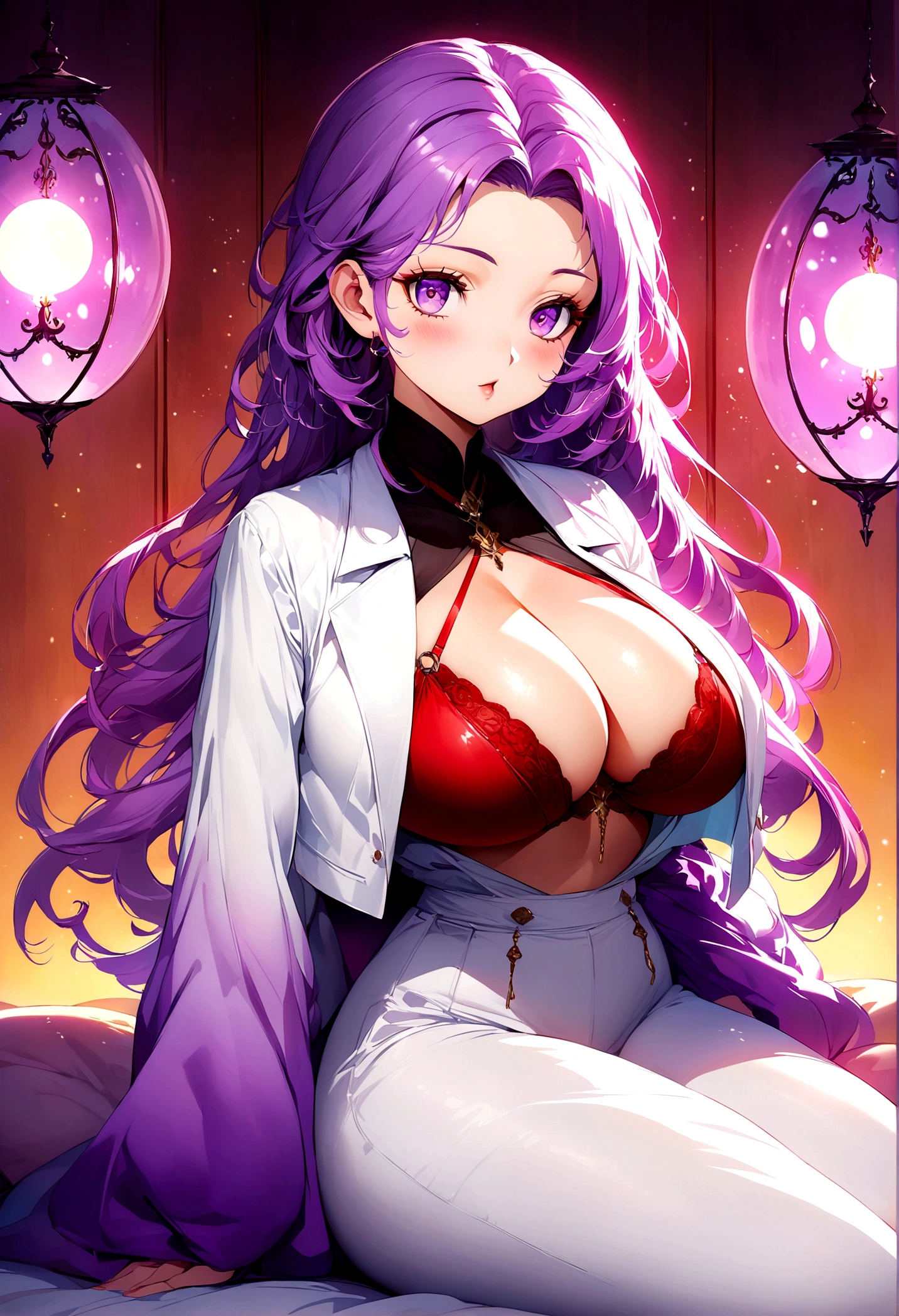 Create a digital artwork of a voluptuous female character with massive breasts in an anime-inspired style. The character should have long, flowing purple hair and large, expressive purple eyes. She should be wearing a red bra that accentuates her curves. The art style should be a blend of anime and semi-realism, with: Smooth, detailed shading: Use gradients to create depth and volume in the character's form. Sharp, precise line work: Clean lines to define the character's features and outfit. Realistic lighting effects: Emphasize the reflective quality of the whole outfit with highlights and glossy reflections. Soft, ambient background: Set the scene in a normal bedroom, the character sitting on her bed. The background should have a soft, romantic glow with bokeh effects to enhance the dreamy atmosphere. Color vibrancy: Use rich, vibrant colors for the character and background to make the image pop. Ensure the character's expression is slightly open-mouthed, giving a seductive and confident look. The overall mood should be bold and captivating, with a high level of detail and polish in the final artwork.