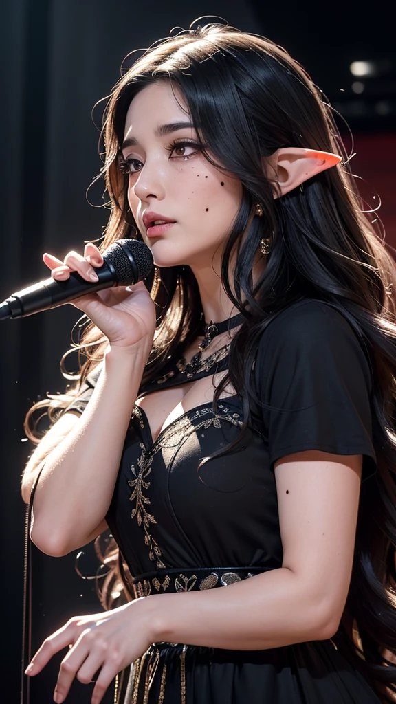 High quality, 8K Ultra HD, ((ink and painting)), ((Highest quality)), ((masterpiece)), (detailed), stage at a concert venue. A bewitching elf woman is singing. Her hair is long, black, and voluminous and loosely wavy. The eyes are black and slightly watery. ((((Large mole below the corner of the eye)))). She is wearing a long black dress. It's a sad expression. Upper body.