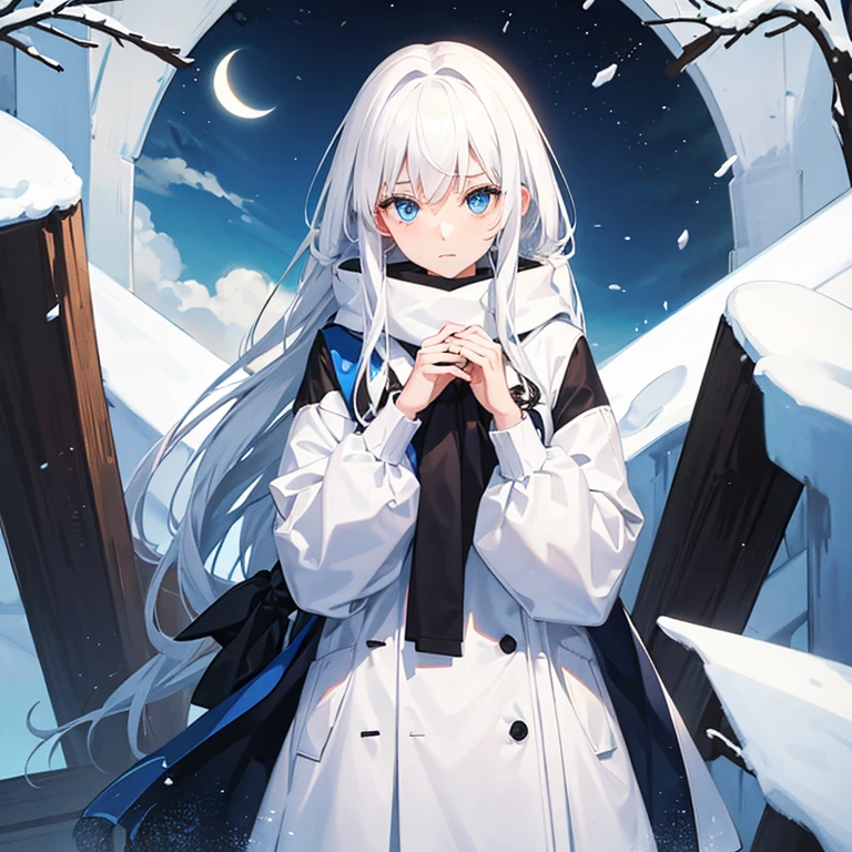 A very shy teenage girl who wears winter clothes and has white hair and blue eyes.