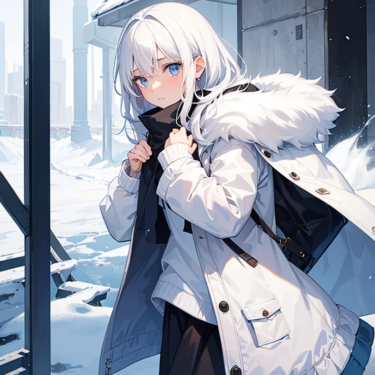 A very shy teenage girl who wears winter clothes and has white hair and blue eyes.