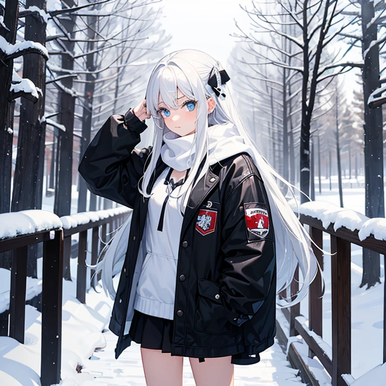 A very shy teenage girl who wears winter clothes and has white hair and blue eyes.