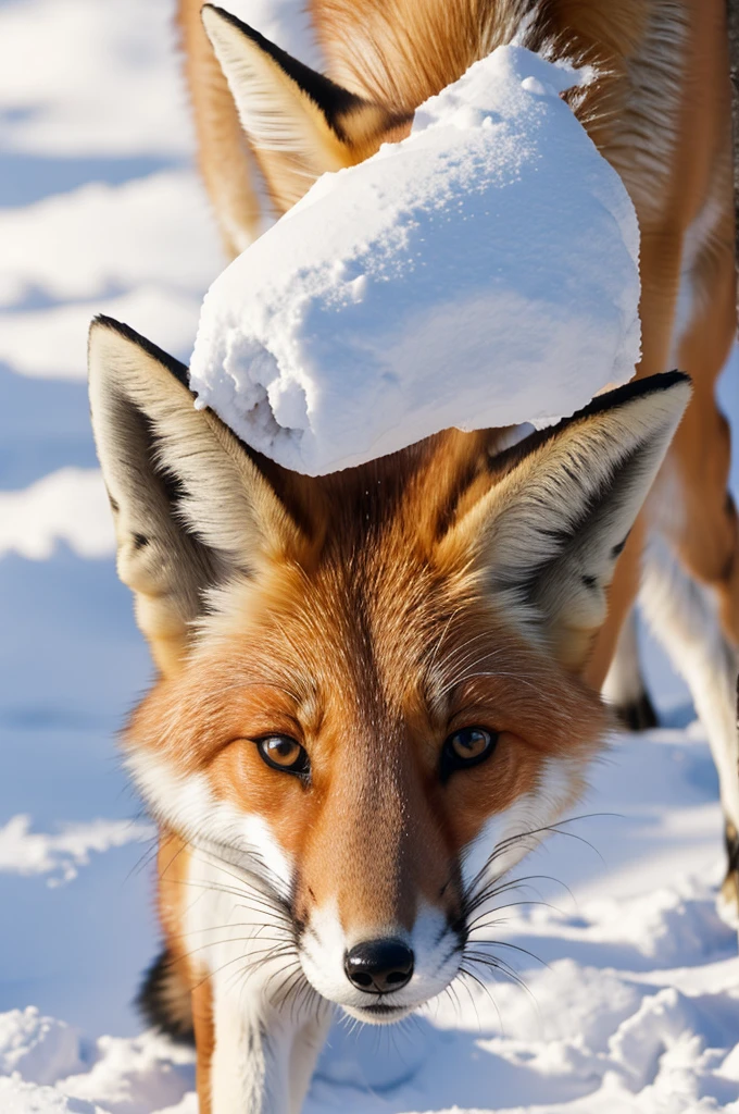 a fox with a straw in nose sniffing white powder