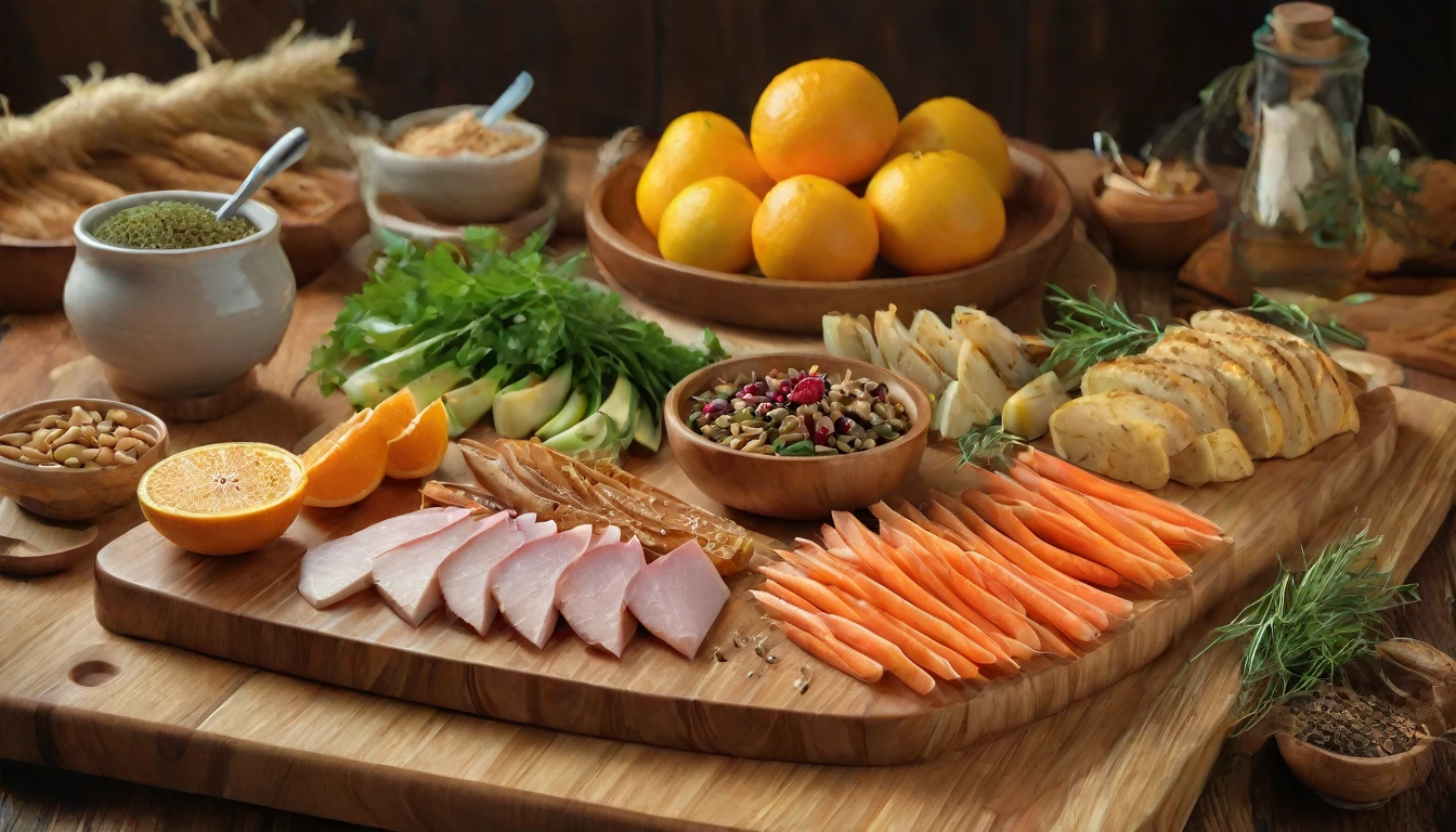 food photography style assorted natural foods on a wooden cutting board for a delicious culinary event aig, appetizing, professional, culinary, high-resolution, commercial, highly detailed. 