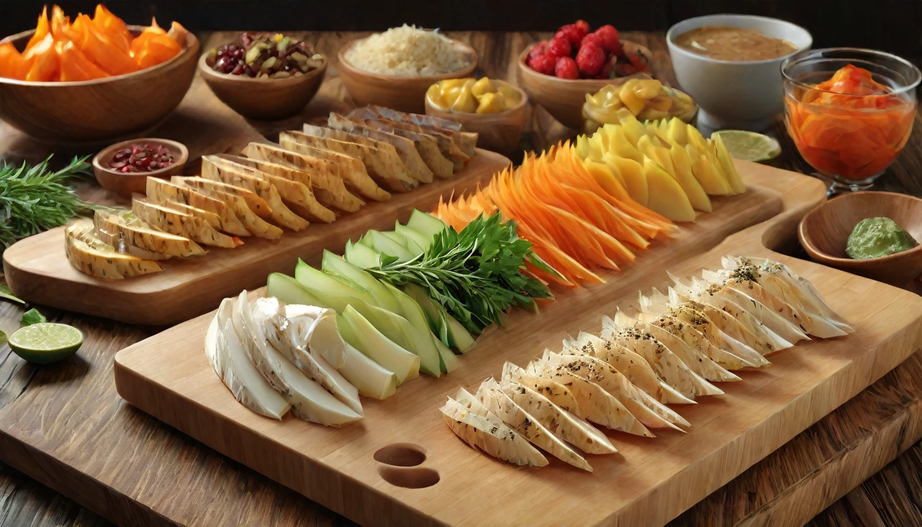 food photography style assorted natural foods on a wooden cutting board for a delicious culinary event aig, appetizing, professional, culinary, high-resolution, commercial, highly detailed. 