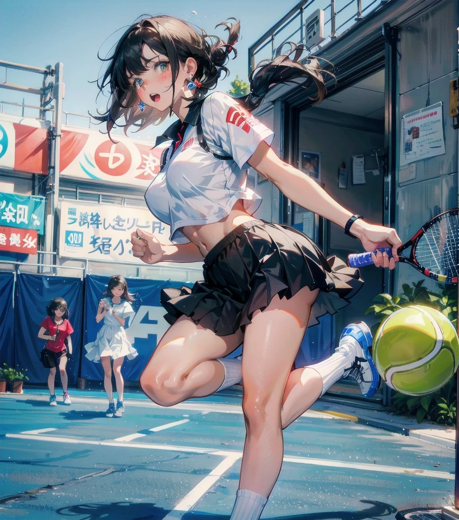 full body, delicate facial features, medium tits, medium hair, black hair, tearful mole, earring, tennis uniform, midriff, Tennis court,