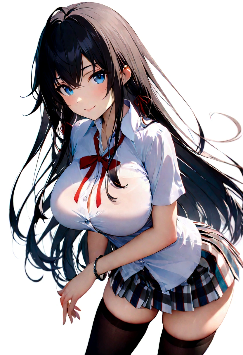 yukinoshita_yukino, 1girl, solo, sobu_high_school_uniform, skirt, long_hair, black_hair, thighhighs, shirt, school_uniform, white_background, white_shirt, simple_background, black_thighhighs, plaid, plaid_skirt, zettai_ryouiki, ribbon, looking_at_viewer, pleated_skirt, blue_eyes, smile, collared_shirt, short_sleeves, bangs, neck_ribbon, cowboy_shot, red_ribbon, dress_shirt, bow, closed_mouth, hair_between_eyes, breasts, miniskirt, bowtie, bracelet, red_bow, (masterpiece:1.2), ((best quality:1.3)), ultra-detailed, ray-traced, high-fidelity textures, crisp focus, dynamic pose, dynamic art, dynmic angle, huge breasts,