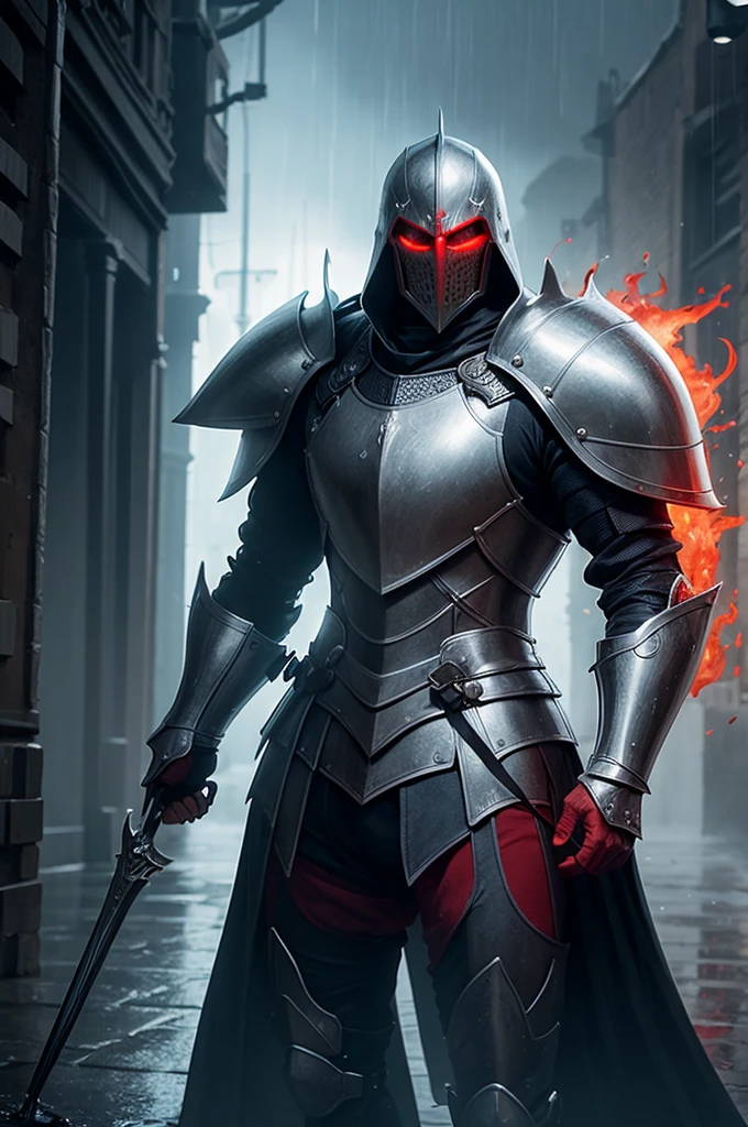 Create a pixel image of a knight in the rain facing a red demon