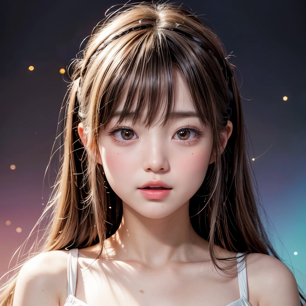 NSFW, 8k, High-level, absurd, masterpiece, best quality, primitive, very detailed CG, very detailed wallpaper, perfect lighting, Extremely detailed (((The personifying " Riho Yoshioka " as a Little Girl))), MysticSight, Tyndall effect, Tyndall scattering, Studio gray background with (many Dazzling RainbowColor particles BokeH:1.28), (RoundlyButts, ThighGap), (Exposed:0.4), (Assfocus with looking ahead), BREAK (NOGIZAKA face variations) Extremely Detailed very KAWAII face variations, perfect anatomy, Childish, captivating gaze, elaborate detailed Eyes with (sparkling highlights:1.28), long eyelashes、Glossy RED Lips with beautiful details, Coquettish tongue, Rosy cheeks, Radiant PearlSkin with clear transparency . { (Dynamic LifeLike expressions:1.4) | :d) }, (large eyes:-1) .
