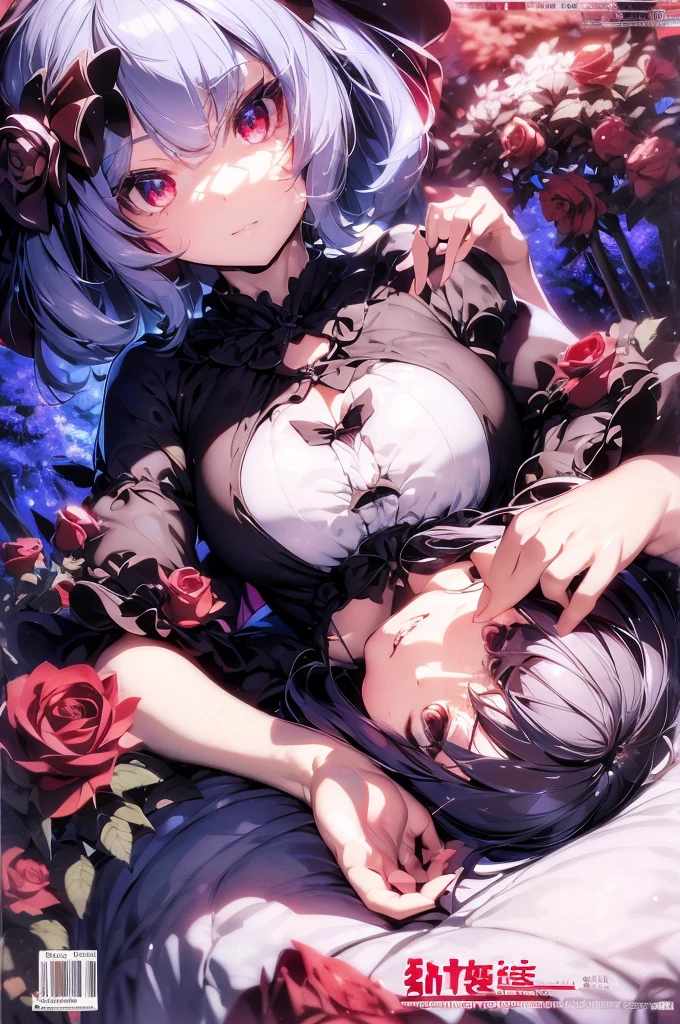 remilia scarlet (touhou) in cover magazine. magazine cover. Roses. Beautiful. Professional character design. Masterpiece. Expensive. Beautiful cover. Finest detailing. Fine work. Meticulous. Harmonious. High quality. Fingers are detailed in high-quality detail. Beautiful face and eyes. Beautiful pose for a magazine cover. correct anatomy. Only one head. Blue vintage dress
