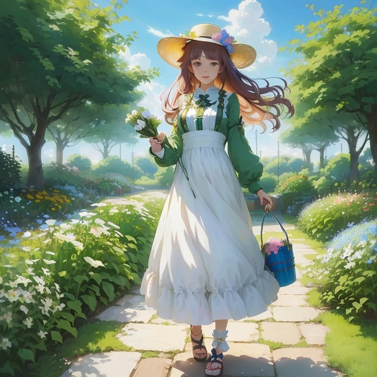 anime girl in a garden with a bucket and a flower, she is the center of the garden, made with anime painter studio, official art, painted in anime painter studio, render of april, anime visual of a cute girl, in a garden, rin, cushart krenz key art feminine, artwork in the style of guweiz, in the garden