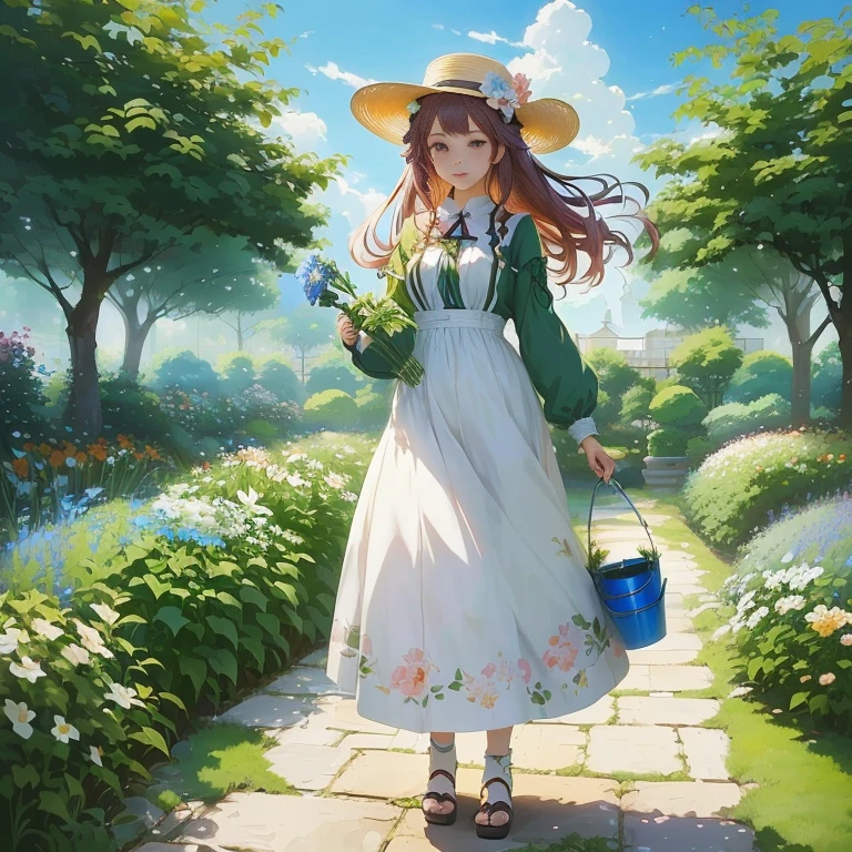 anime girl in a garden with a bucket and a flower, she is the center of the garden, made with anime painter studio, official art, painted in anime painter studio, render of april, anime visual of a cute girl, in a garden, rin, cushart krenz key art feminine, artwork in the style of guweiz, in the garden
