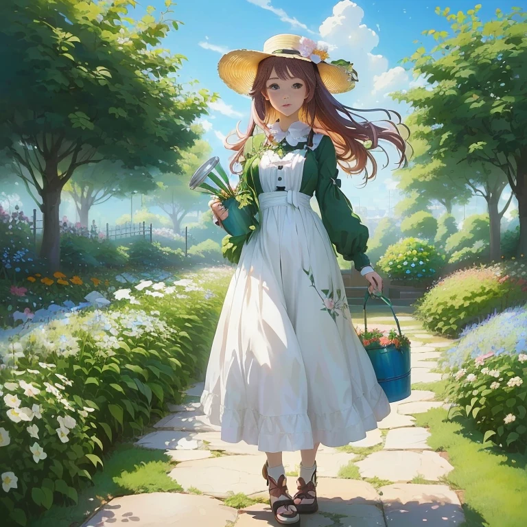 anime girl in a garden with a bucket and a flower, she is the center of the garden, made with anime painter studio, official art, painted in anime painter studio, render of april, anime visual of a cute girl, in a garden, rin, cushart krenz key art feminine, artwork in the style of guweiz, in the garden