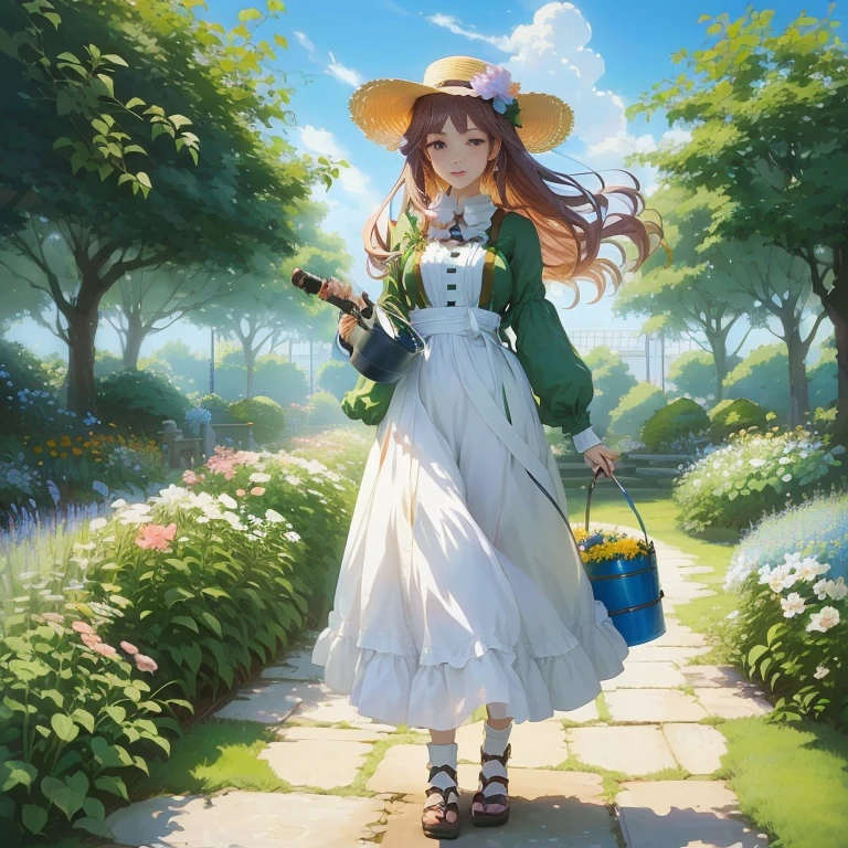 anime girl in a garden with a bucket and a flower, she is the center of the garden, made with anime painter studio, official art, painted in anime painter studio, render of april, anime visual of a cute girl, in a garden, rin, cushart krenz key art feminine, artwork in the style of guweiz, in the garden