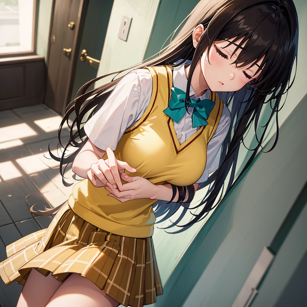 masterpiece, best quality, defYui, yellow sweater vest, white shirt, short sleeves, green bowtie, plaid miniskirt, large breasts, upper body, closed eyes, imminent kiss, from above, hallway, blush