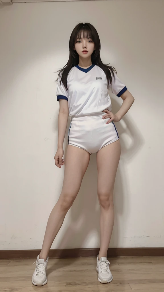 Korean lady in volleyball uniform full body standing 80s style 