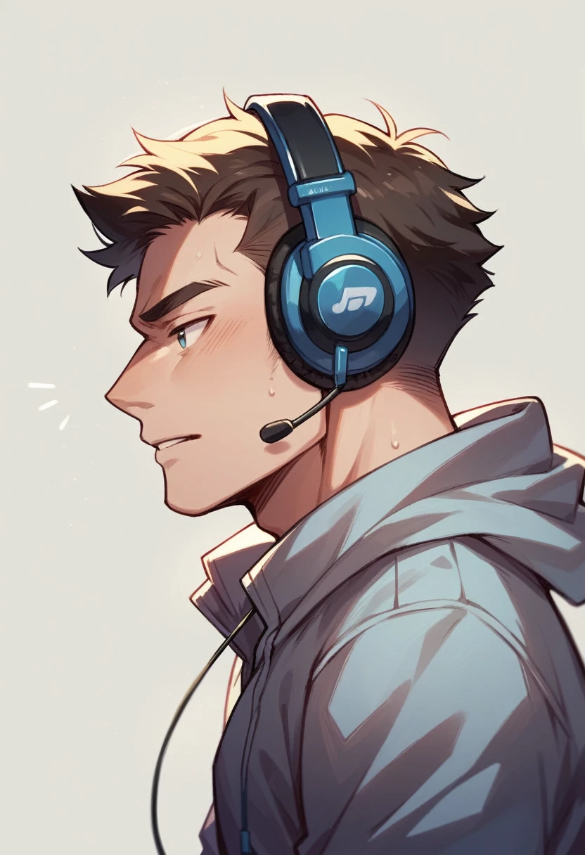 Podcast male host with headphones and mic right hand side view