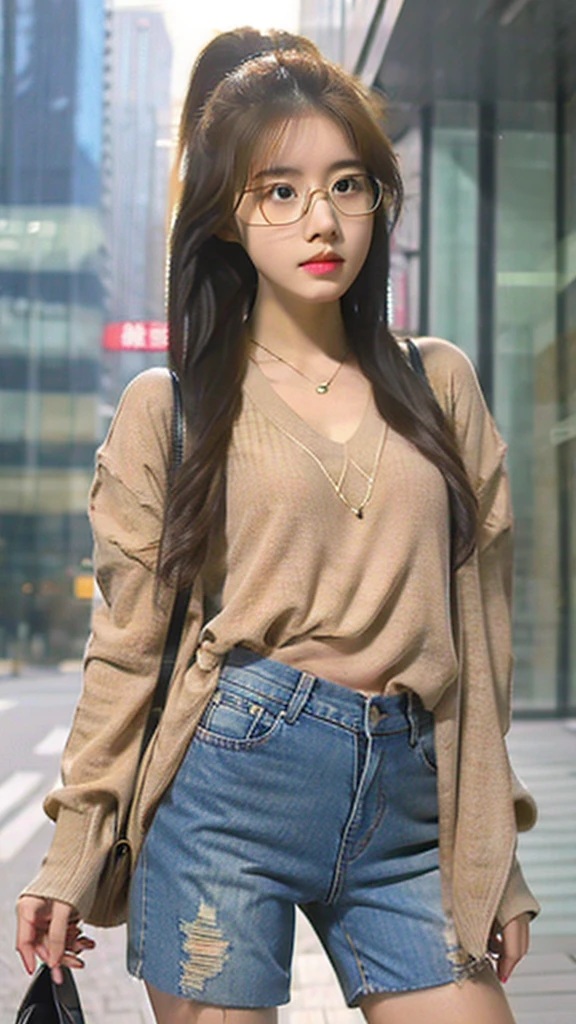 Cute tan Chinese girl wearing glasses, tight jean shorts , detailed face