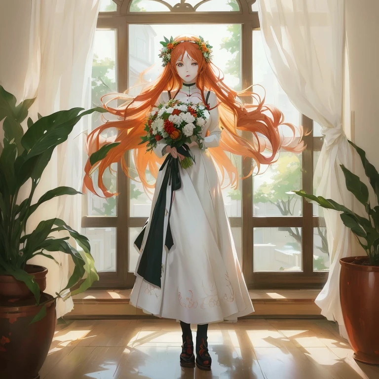 anime girl with long red hair and white dress holding a bouquet, anime girl with long hair, painted in anime painter studio, zerochan art, marin kitagawa fanart, beautiful anime art, epic light novel art cover, made with anime painter studio, cute anime waifu in a nice dress, rin, beautiful anime artwork, cushart krenz key art feminine