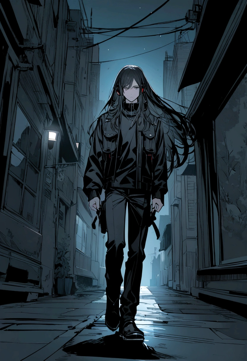 boy with medium long hair wearing a black outfit with headphones on walking at night