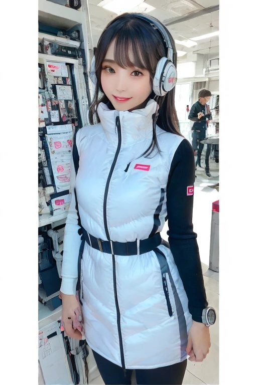 masterpiece, Highest quality, Very detailed, 8K Portrait,Japanese Android Girl,plump , Control panel,Robotic arms and legs, Blunt bangs,,break (Metallic Gray, Metallic luster, Mirror finish, Astro Best):5,headphone:5,break (Black sleeves):100,Smart Watches,Futuristic space station,Control Room,break headphone,blue eyes,(Black Hair):2,(Long Hair):1.3,Displaying the viewer,(respirator),break blush:3,Hidden Hand,smile