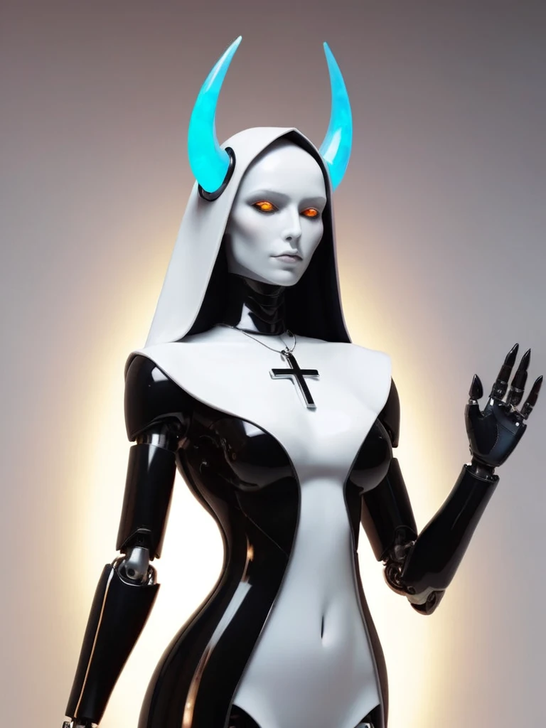 ral-opal, meahophontron, full body, woman robot face, devil nun, negro, looking at camera, body nun clothes