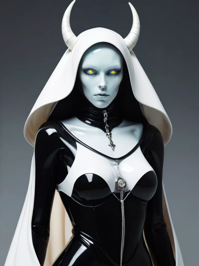 ral-opal, meahophontron, full body, woman robot face, devil nun, negro, looking at camera, body nun clothes