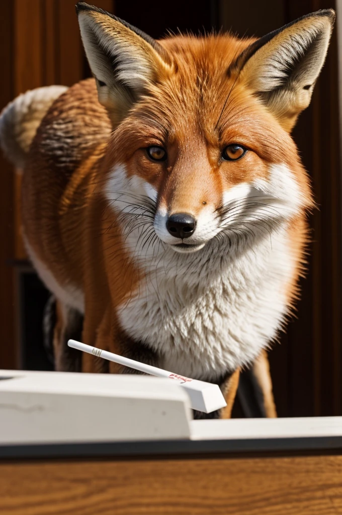 a fox in the Scarface desk has a straw in nose sniffing white powder