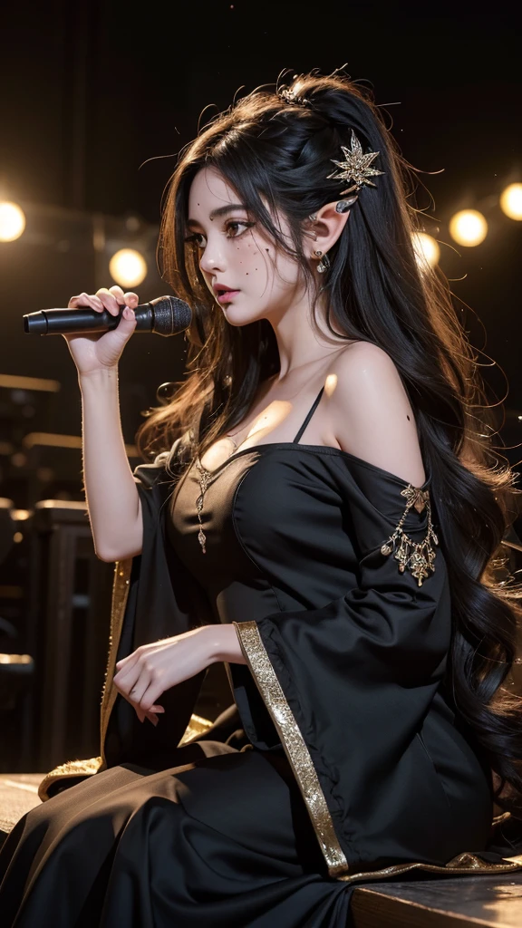High quality, 8K Ultra HD, ((ink and painting)), ((Highest quality)), ((masterpiece)), (detailed), stage at a concert venue. A bewitching elf woman is singing. Her hair is long, black, and voluminous and loosely wavy. The eyes are black and slightly watery. ((((Large mole below the corner of the eye)))). She is wearing a long black dress. It's a sad expression. full body.