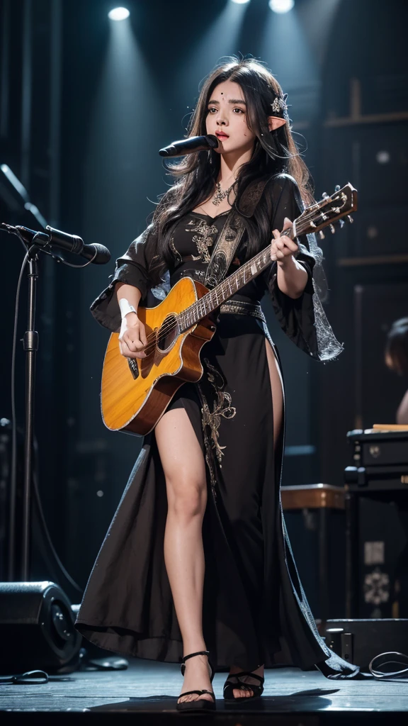 High quality, 8K Ultra HD, ((ink and painting)), ((Highest quality)), ((masterpiece)), (detailed), stage at a concert venue. A bewitching elf woman is singing. Her hair is long, black, and voluminous and loosely wavy. The eyes are black and slightly watery. ((((Large mole below the corner of the eye)))). She is wearing a long black dress. It's a sad expression. full body.