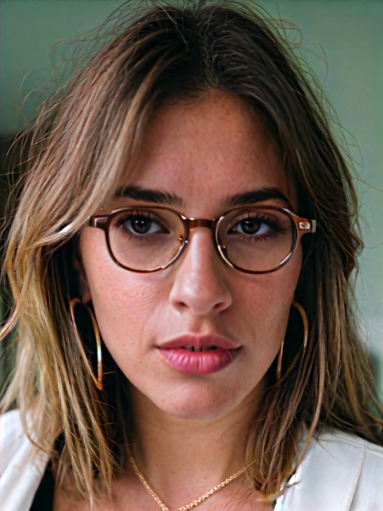 a beautiful 35-year-old woman, light brunette, close-up, girl looking to the mirror, baggy clothes, makeup, 3 rings, 3 earrings, 3 cords, 3 bracelets, lips, glasses, night, messy hair, film grain, retro, Porta 160 color, shot on ARRI ALEXA 65, sharp focus on subject, Fujifilm XT-3