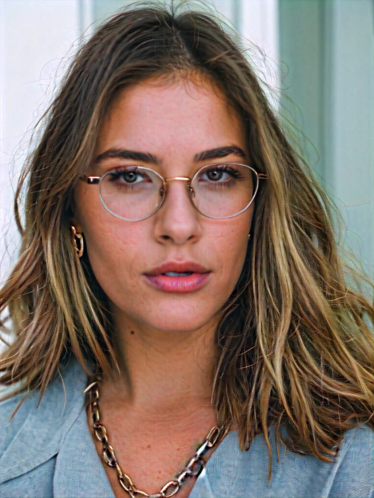 a beautiful 35-year-old woman, light brunette, close-up, girl looking to the mirror, baggy clothes, makeup, 3 rings, 3 earrings, 3 cords, 3 bracelets, lips, glasses, night, messy hair, film grain, retro, Porta 160 color, shot on ARRI ALEXA 65, sharp focus on subject, Fujifilm XT-3