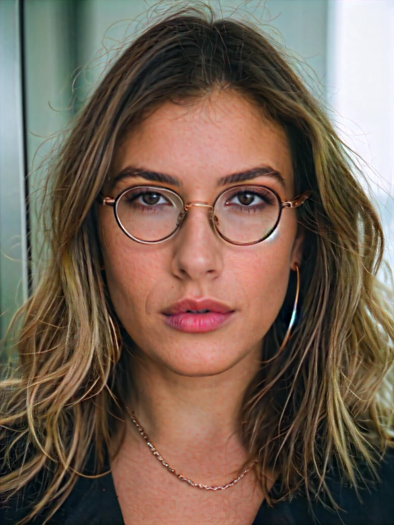 a beautiful 35-year-old woman, light brunette, close-up, girl looking to the mirror, baggy clothes, makeup, 3 rings, 3 earrings, 3 cords, 3 bracelets, lips, glasses, night, messy hair, film grain, retro, Porta 160 color, shot on ARRI ALEXA 65, sharp focus on subject, Fujifilm XT-3
