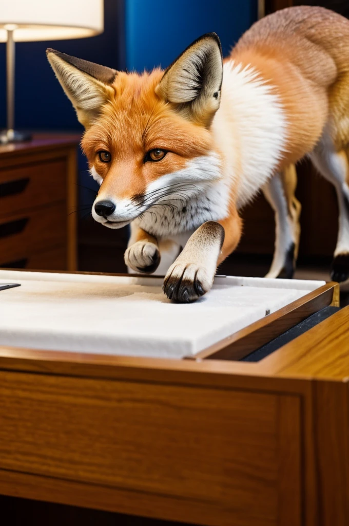 a fox in the Scarface desk has a straw in nose sniffing white powder