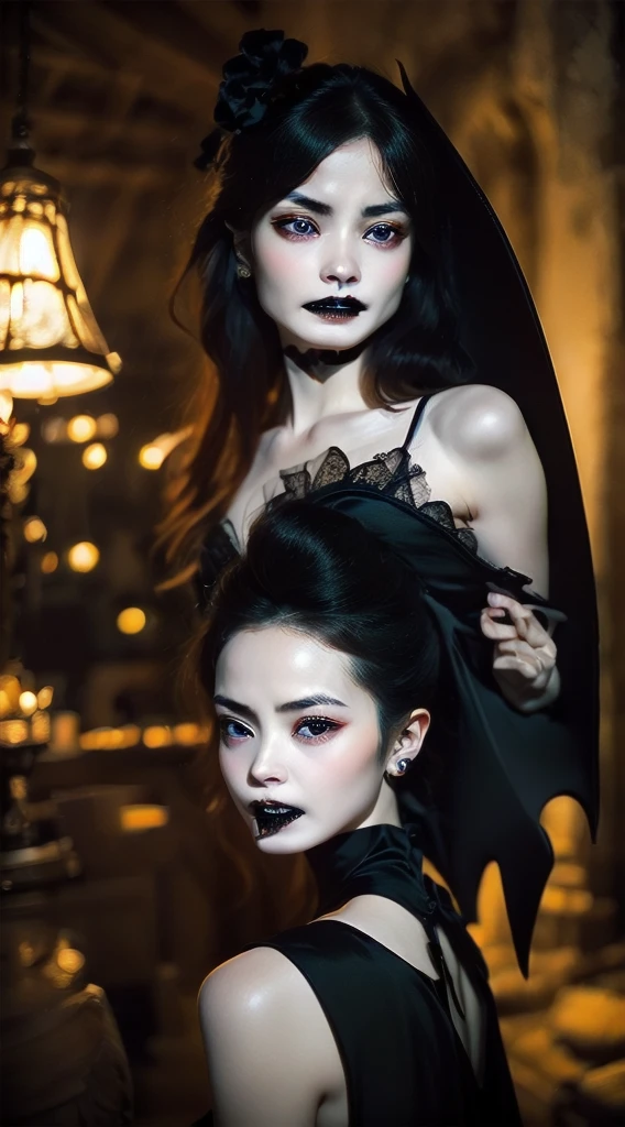 A girl、unparalleled beauty、cute face、Rush face、detailed eyes、(((vampire、Red eyes、Black lips sharp teeth expressionless)))、dark fantasy、Drifting eroticism、short bob、Elegant dresses、small breasts、Old Castle 、dark living room、Luxurious ornaments、dark lighting、dark lighting、work of art、highest quality、super resolution、Highest image quality、Super detailed、
