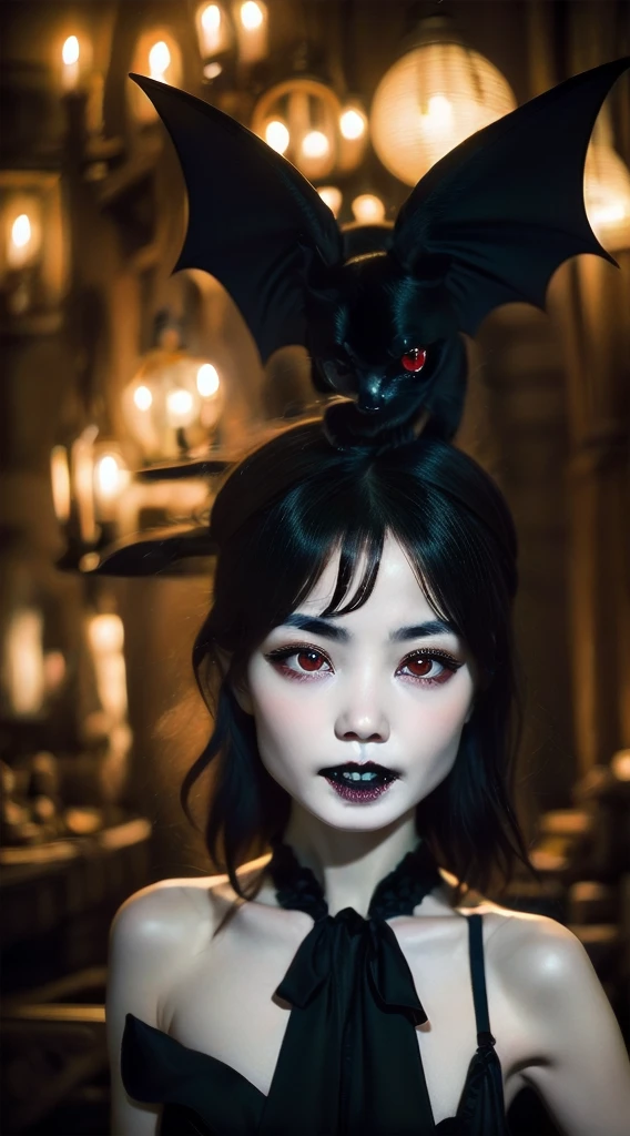 A girl、Incomparable beauty、cute face、blushed face、detailedeyes、(((vampyre、Eyes red、Black Lips , expressionless sharp teeth)))、black fantasy、Drifting eroticism、short bob、Elegant dresses、breasts small、old castle、dark living room、Luxurious ornaments、dark lighting、dark lighting、work of art、highest quallity、super resolution、A highest quallity de imagem、super verbose、