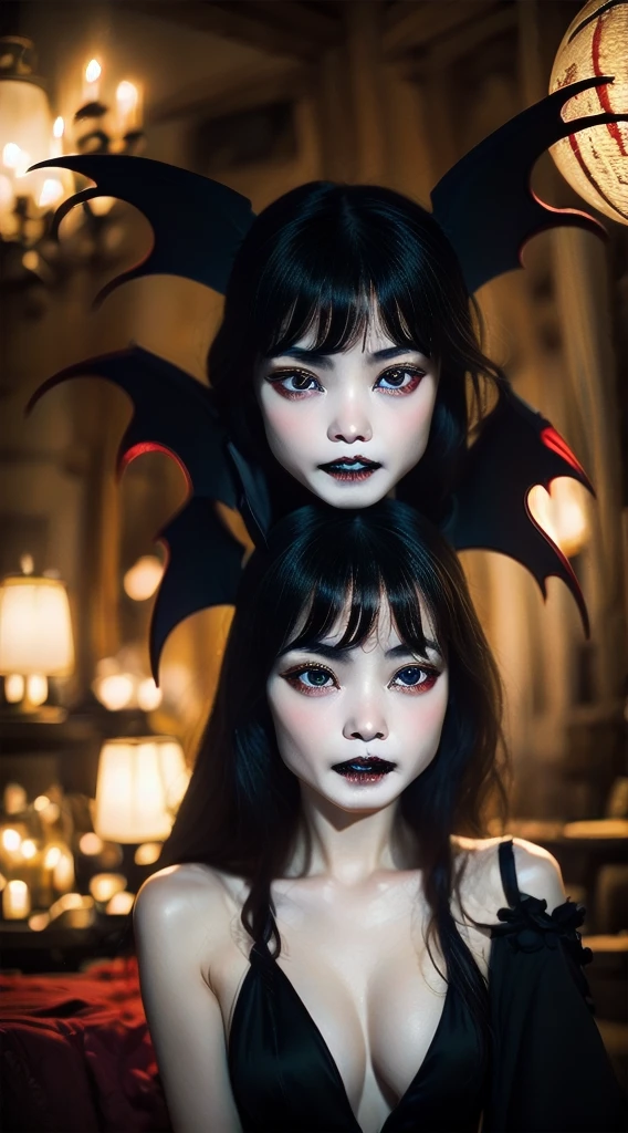 A girl、unparalleled beauty、cute face、Rush face、detailed eyes、(((vampire、Red eyes、Black lips sharp teeth expressionless)))、dark fantasy、Drifting eroticism、short bob、Elegant dresses、small breasts、Old Castle 、dark living room、Luxurious ornaments、dark lighting、dark lighting、work of art、highest quality、super resolution、Highest image quality、Super detailed、