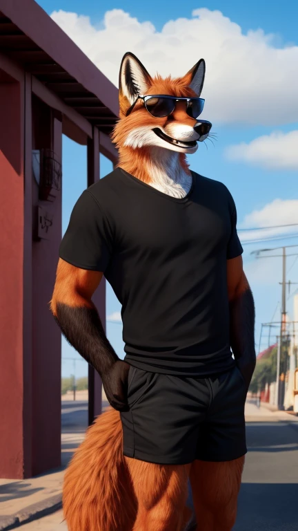 ((An anthropomorphic red fox)) male, tall, black beard, with realistic fur, ((wearing black shirt)), black shorts, ((wide torso)), at Tijuana, ((wearing sunglasses)), long tail, Manos de pelaje oscuro, mejor calidad, ((full body)), laughing