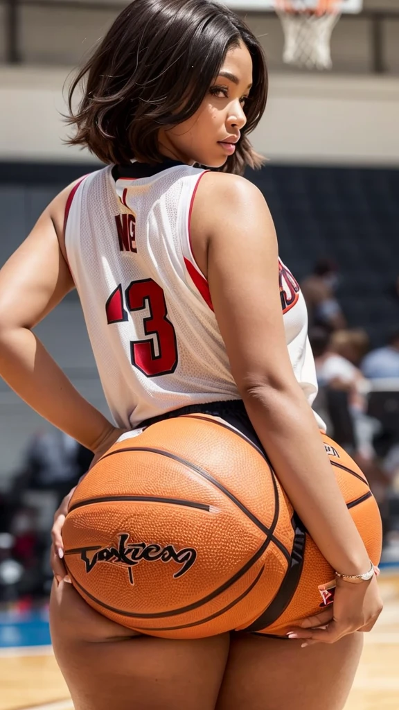 Beautiful brown skin woman, she has brunette layered short hair, she is wearing basketball jersey, she is a basketball player, thick thighs, big butt