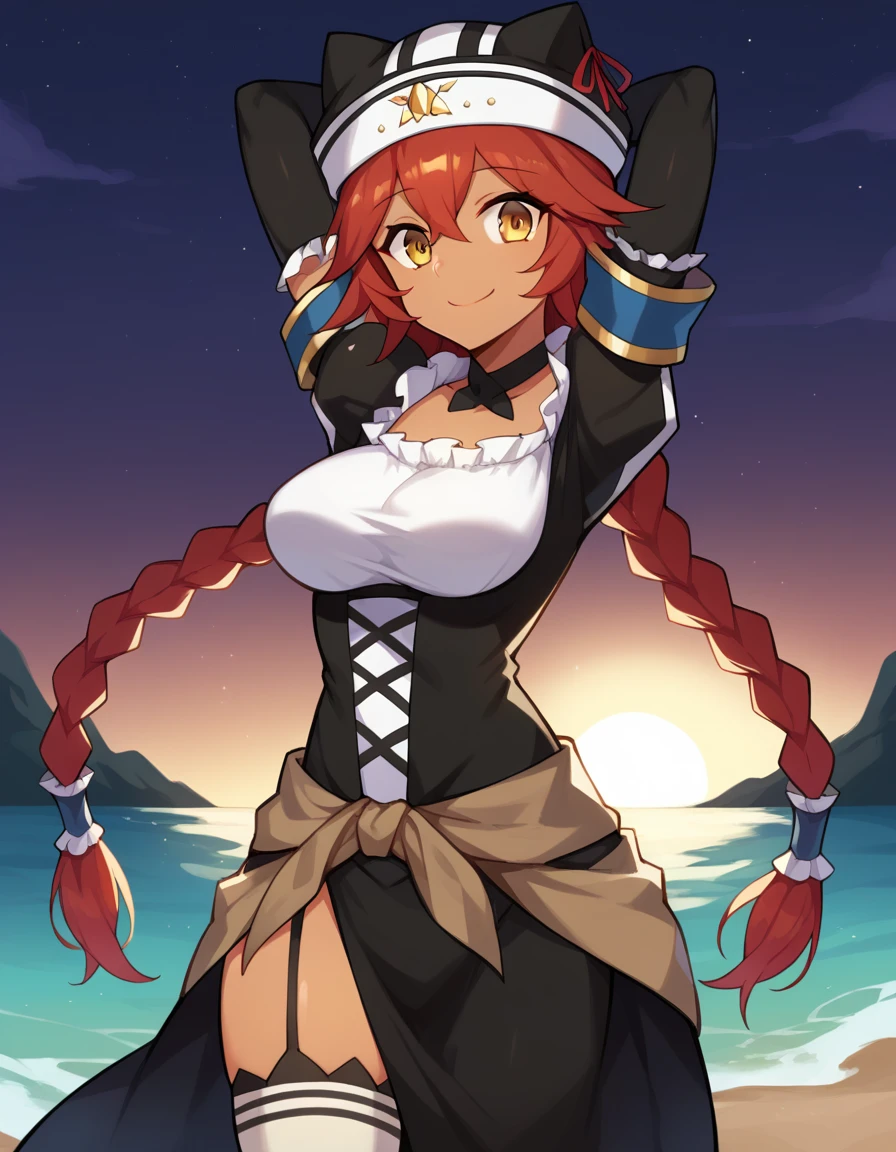 score_9, score_8_up, score_7_up, BREAK, 1girl, solo, breasts, lupusregina beta, dark skin, twin braids, hat, frills, black dress, short sleeves, bridal gauntlets, white thighhighs, garter straps, choker,  high quality, solo, 1girl, night sky, beach, arms behind head, (contrapposto), closed mouth, spread armpits, (cowboy shot:1.5), looking at viewer, smile, best quality,