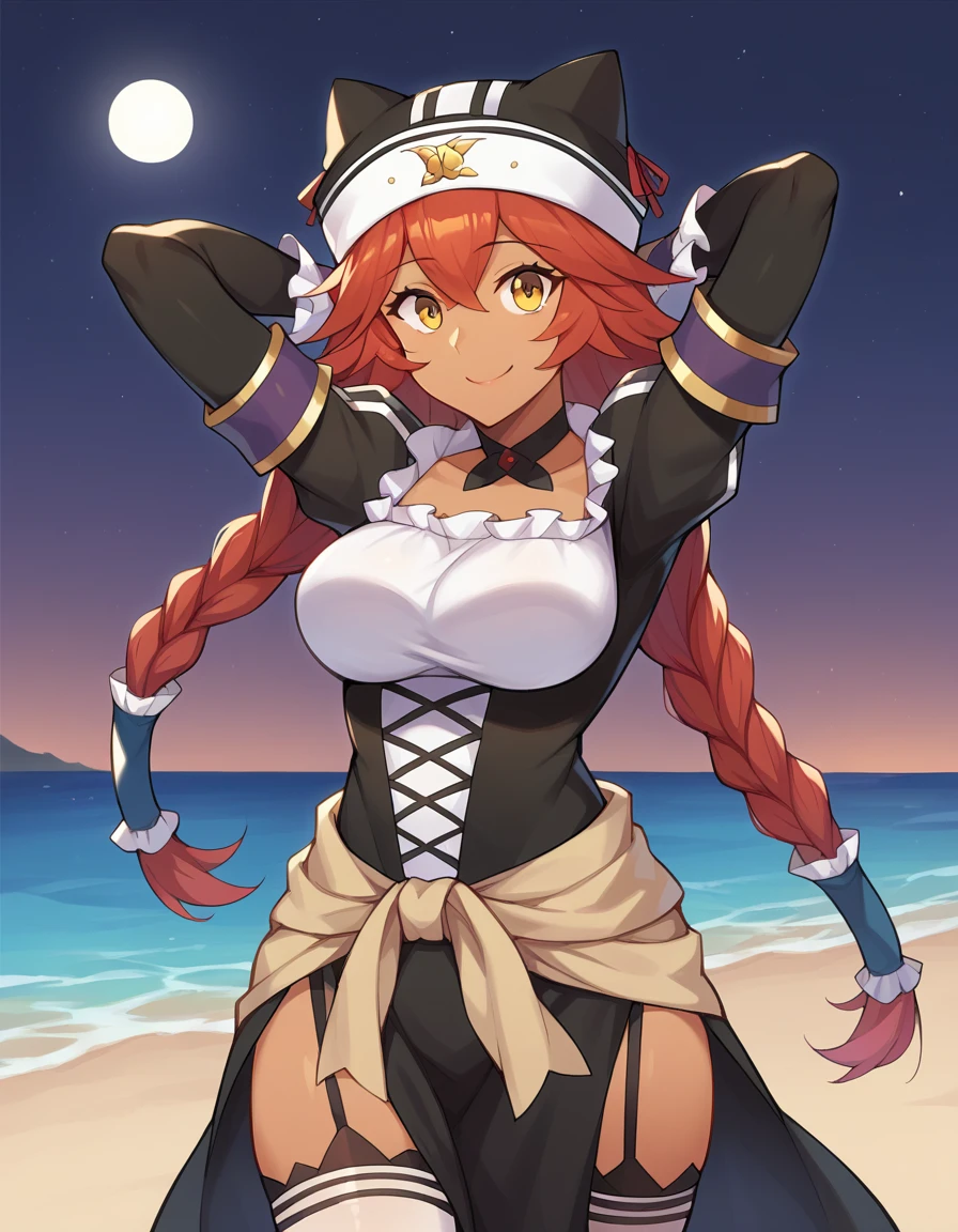 score_9, score_8_up, score_7_up, BREAK, 1girl, solo, breasts, lupusregina beta, dark skin, twin braids, hat, frills, black dress, short sleeves, bridal gauntlets, white thighhighs, garter straps, choker,  high quality, solo, 1girl, night sky, beach, arms behind head, (contrapposto), closed mouth, spread armpits, (cowboy shot:1.5), looking at viewer, smile, best quality,