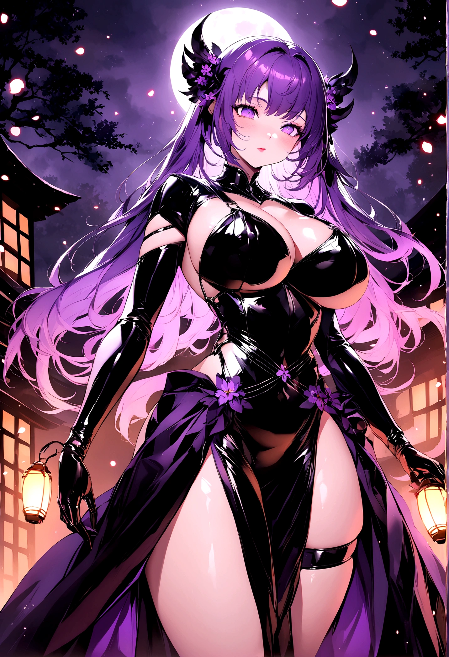 Create a digital artwork of a voluptuous female character with massive breasts in an anime-inspired style. The character should have long, flowing purple hair and large, expressive purple eyes. She should be wearing a tight black corset that accentuates her curves. The art style should be a blend of anime and semi-realism, with: Smooth, detailed shading: Use gradients to create depth and volume in the character's form. Sharp, precise line work: Clean lines to define the character's features and outfit. Realistic lighting effects: Emphasize the reflective quality of the latex outfit with highlights and glossy reflections. Soft, ambient background: Set the scene in a nighttime environment with a full moon, cherry blossom trees, and lanterns. The background should have a soft, romantic glow with bokeh effects to enhance the dreamy atmosphere. Color vibrancy: Use rich, vibrant colors for the character and background to make the image pop. Ensure the character's expression is slightly open-mouthed, giving a seductive and confident look. The overall mood should be bold and captivating, with a high level of detail and polish in the final artwork. The character should be looking down, the camera making it seem like the observer is kneeling in front of the character
