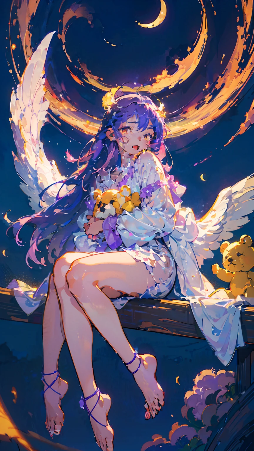 (woman\(A crescent moon-like angel sits on my head.。, Angel Girl,Purple Hair,Yellow Eyes, White skin, I'm wearing pastel colored pajamas,The girl is yawning loudly and sleepily.,While floating in the air,hugging a teddy bear,barefoot,\) Beautiful night sky、Sleepily floating in the air, (I&#39;m in the beautiful outdoors, A beautiful star is shining,He seemed to be very sleepy., mysterious, (There is a pillow floating in the background),quality\(8K,非常に精細なCGユニットのwallpaper, masterpiece,High resolution,top-quality,top-quality real texture skin,Surreal,Increase the resolution,RAW Photos,最高quality,Very detailed,wallpaper,Cinema Lighting,Ray-tracing,Golden Ratio\),Long Shot,Overall, it looks ephemeral.,The depiction range is from the waist up,qualityの高い顔の描写,High-resolution facial depiction,ephemeral,Low saturation,***********,1 person